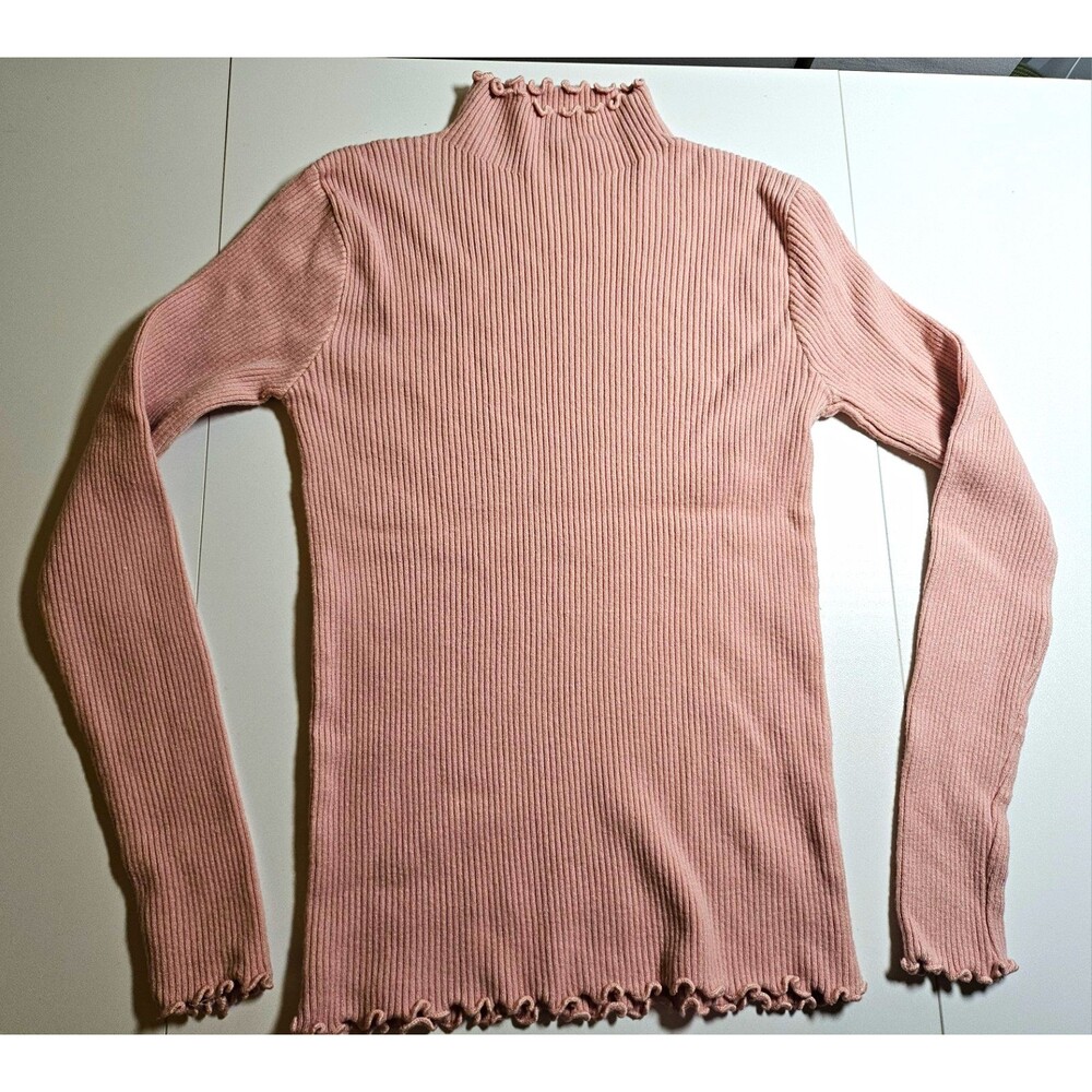 Women’s Pink Solid Ribbed Knit Mock Neck Long Sleeve Pullover Top Ruffle Hem S